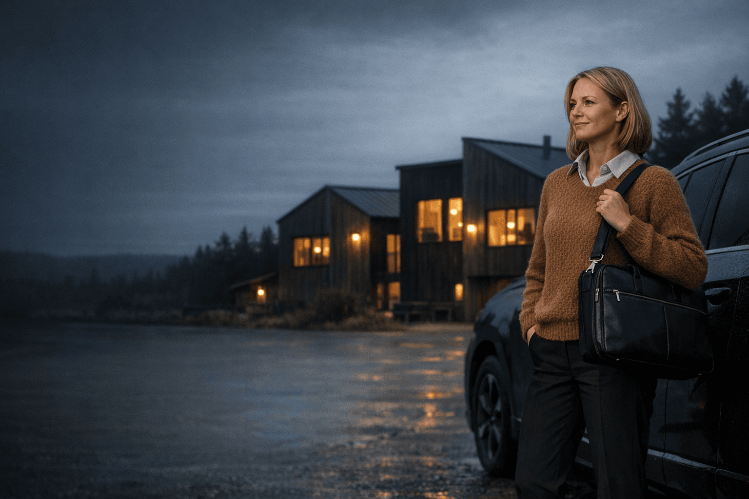 Professional Scandinavian woman next to car with Nordic architecture