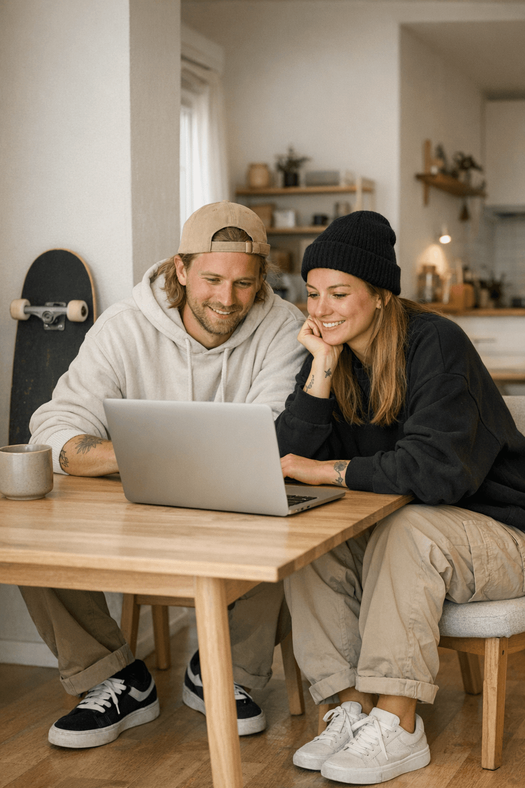 Scandinavian adults in skater style setting in cozy apartment, viewing laptop.