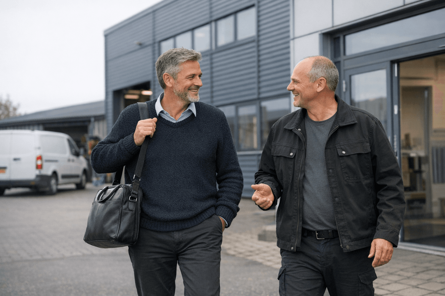 Scandinavian business scene with insurance broker arriving at Danish company