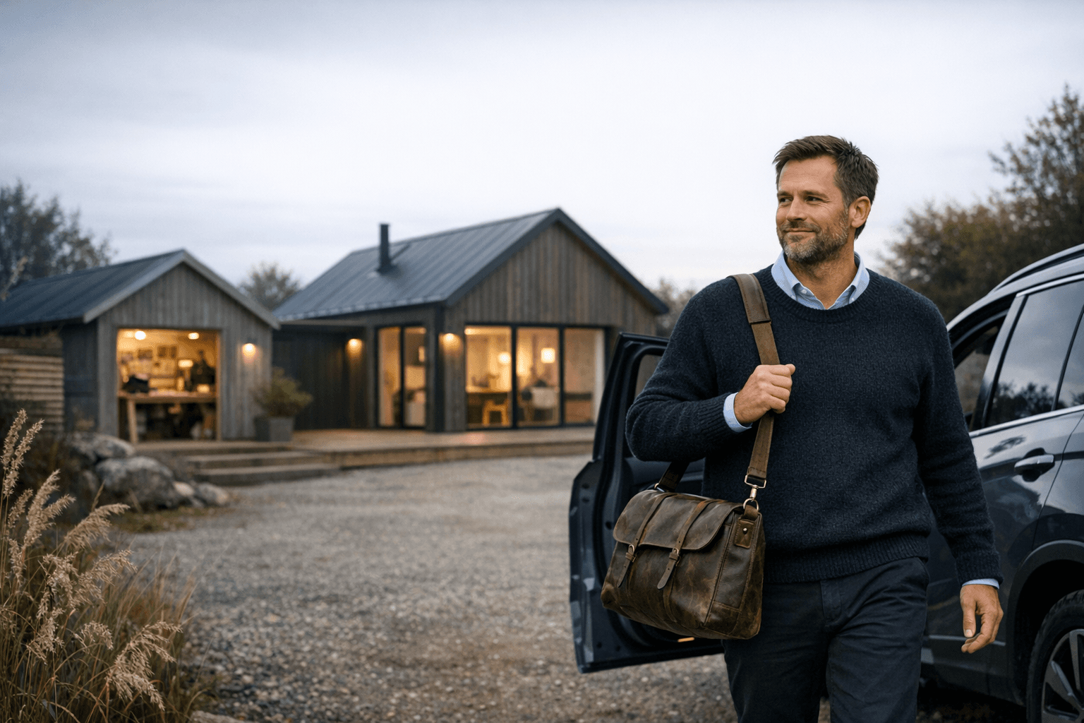 Scandinavian lifestyle image of a male business owner aged 35-45, in a casual yet professional outfit, next to a modern SUV, in a Scandinavian setting with subdued architecture.