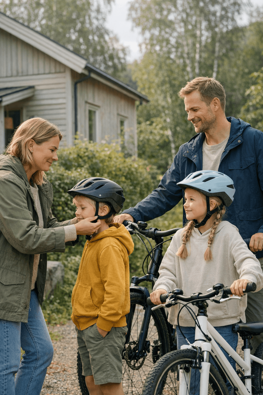 Scandinavian family preparing for a bike ride in a green residential area, expressing family life and protection.