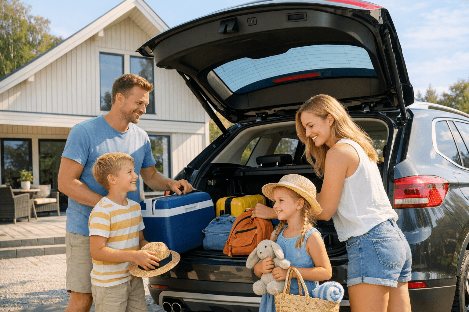 Scandinavian family packing car for vacation outside Nordic house