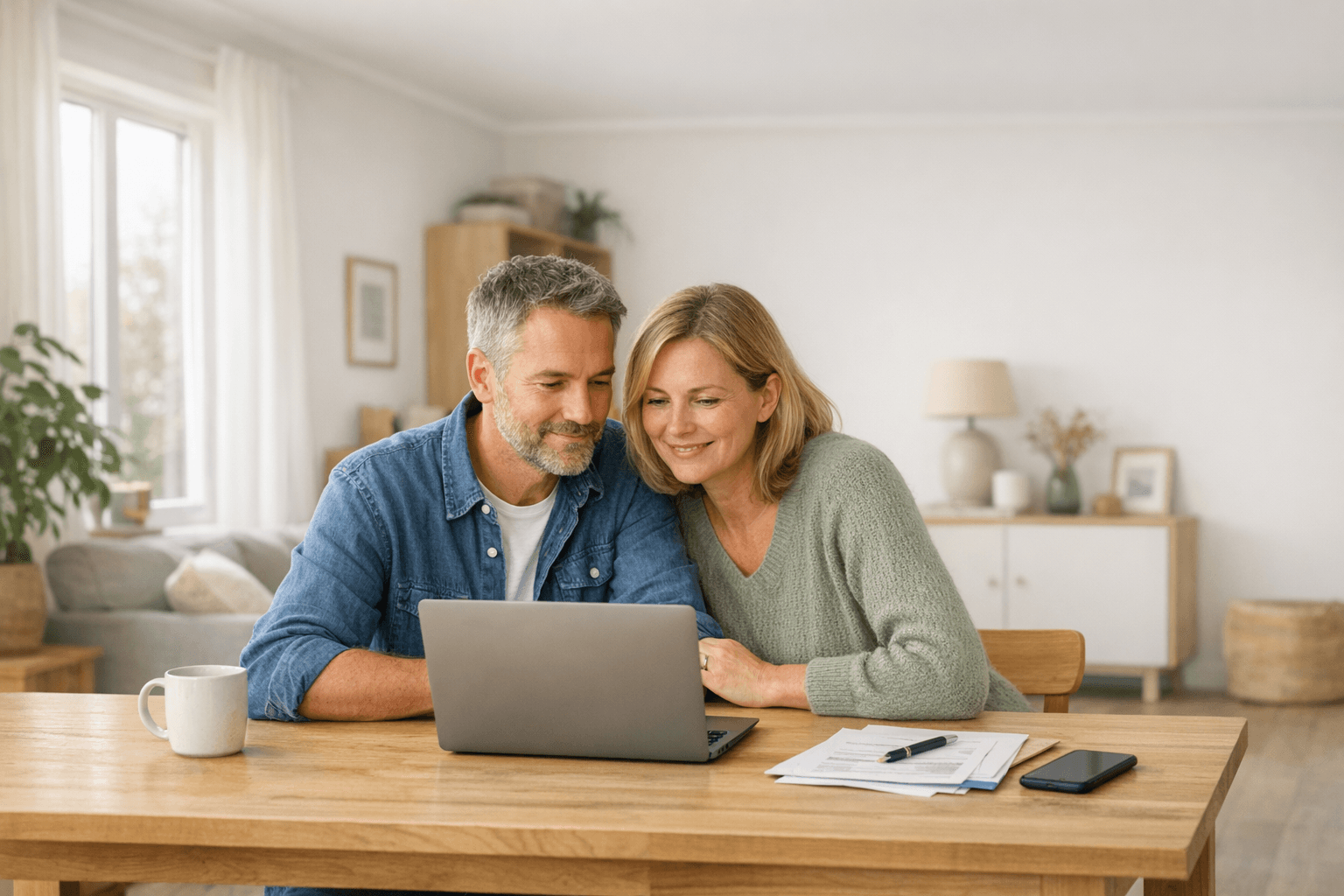 Photorealistic banner with a relaxed couple in a modern Scandinavian home setting for a Danish insurance website.