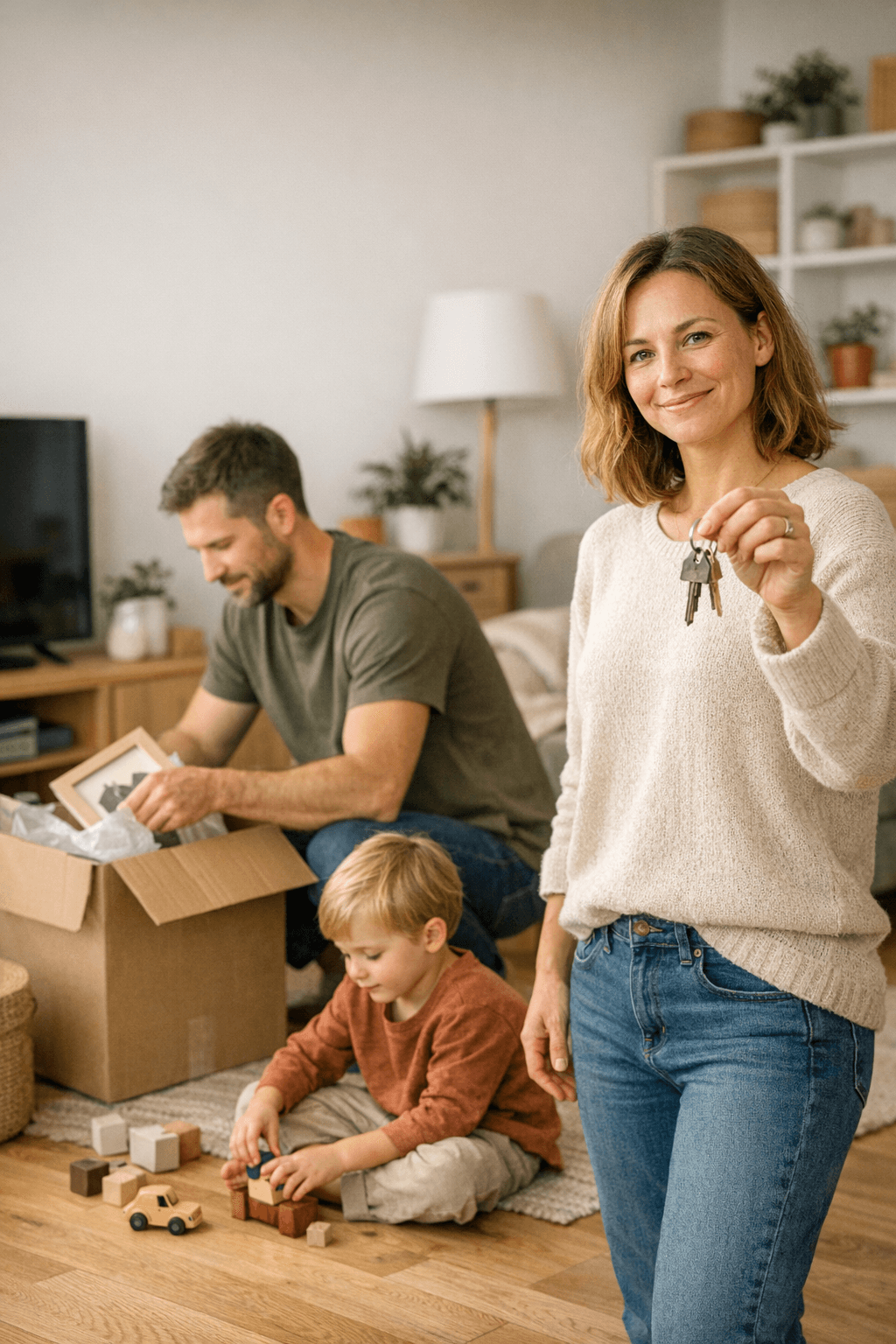 Small family in a Scandinavian home with house keys and moving boxes, conveying security and a new beginning.