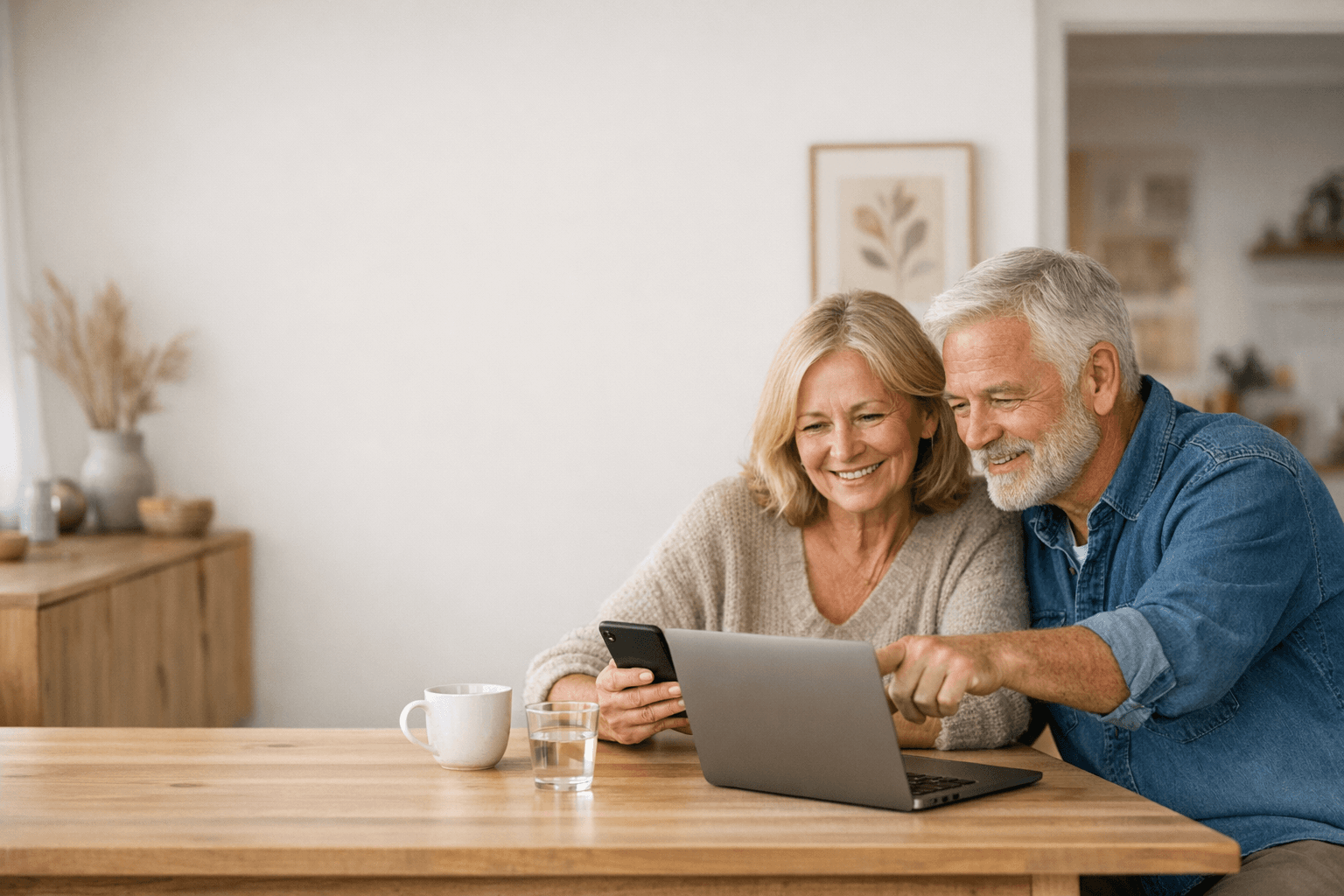 Scandinavian couple in their 60s at a modern kitchen table, looking at a laptop with a phone, in a bright and artistic home.
