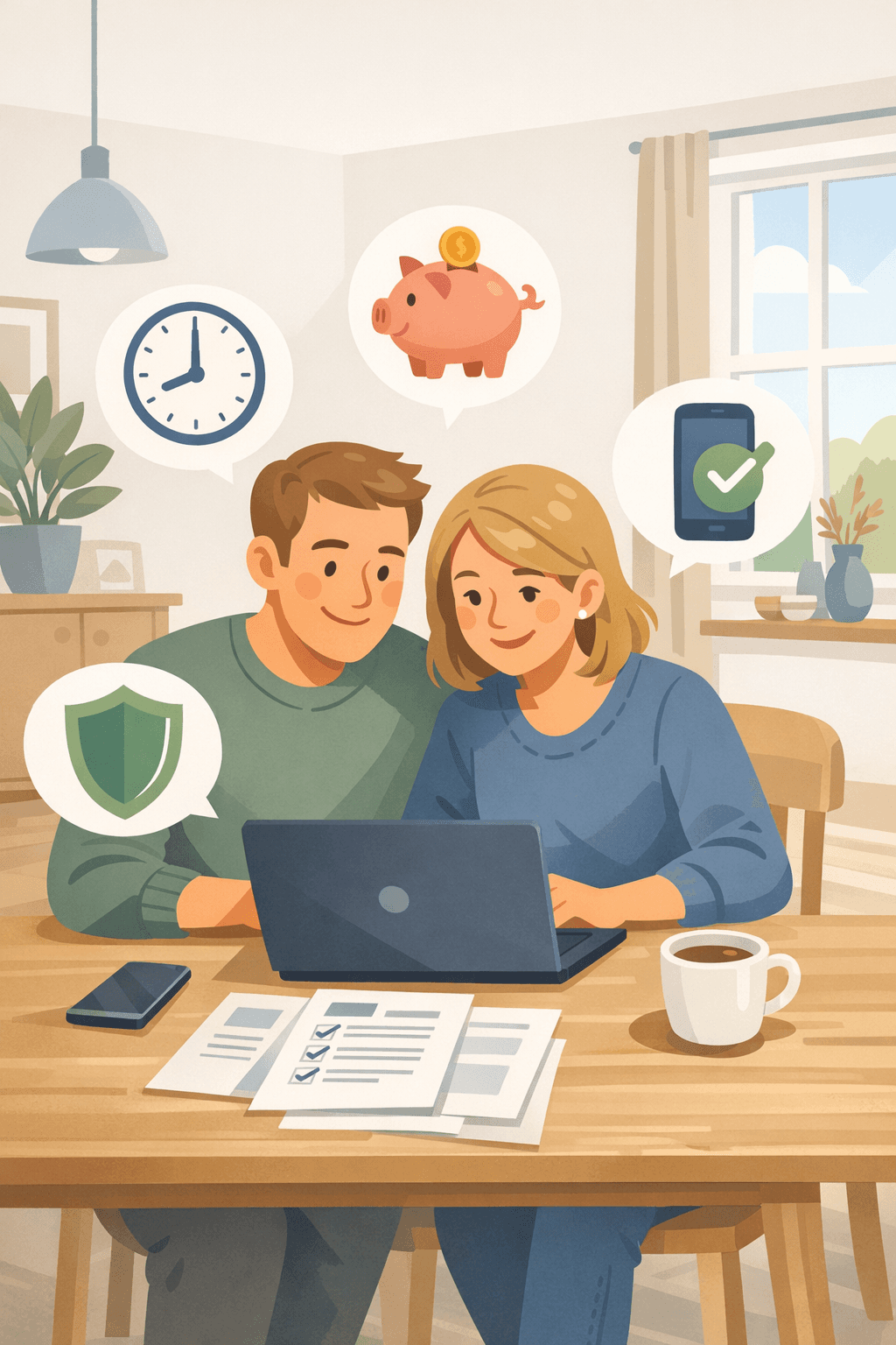 Scandinavian couple reviewing insurance at home in a warm Nordic setting