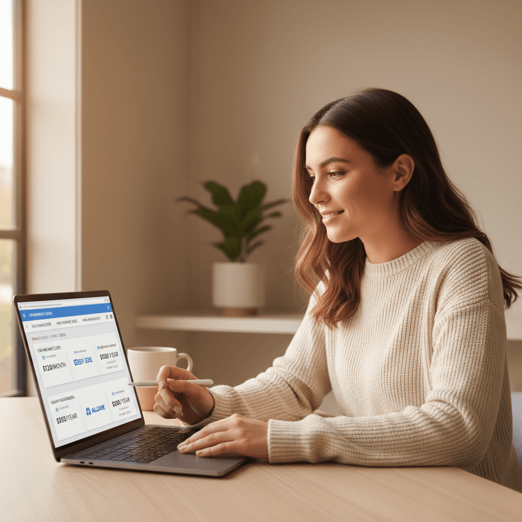 Woman comparing multiple insurance quotes on laptop