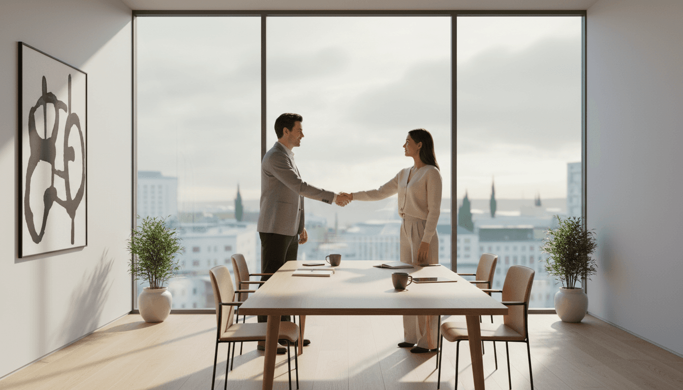 Two business professionals shaking hands across a table in a bright office meeting room