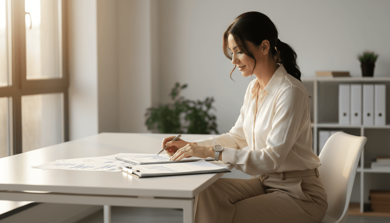A clear, bright editorial aesthetic medium shot of a professional business owner in her late 30s reviewing documents at a modern desk, natural light streaming through the office window, focus on the documents and her confident expression, soft neutral tones with a sense of calm control