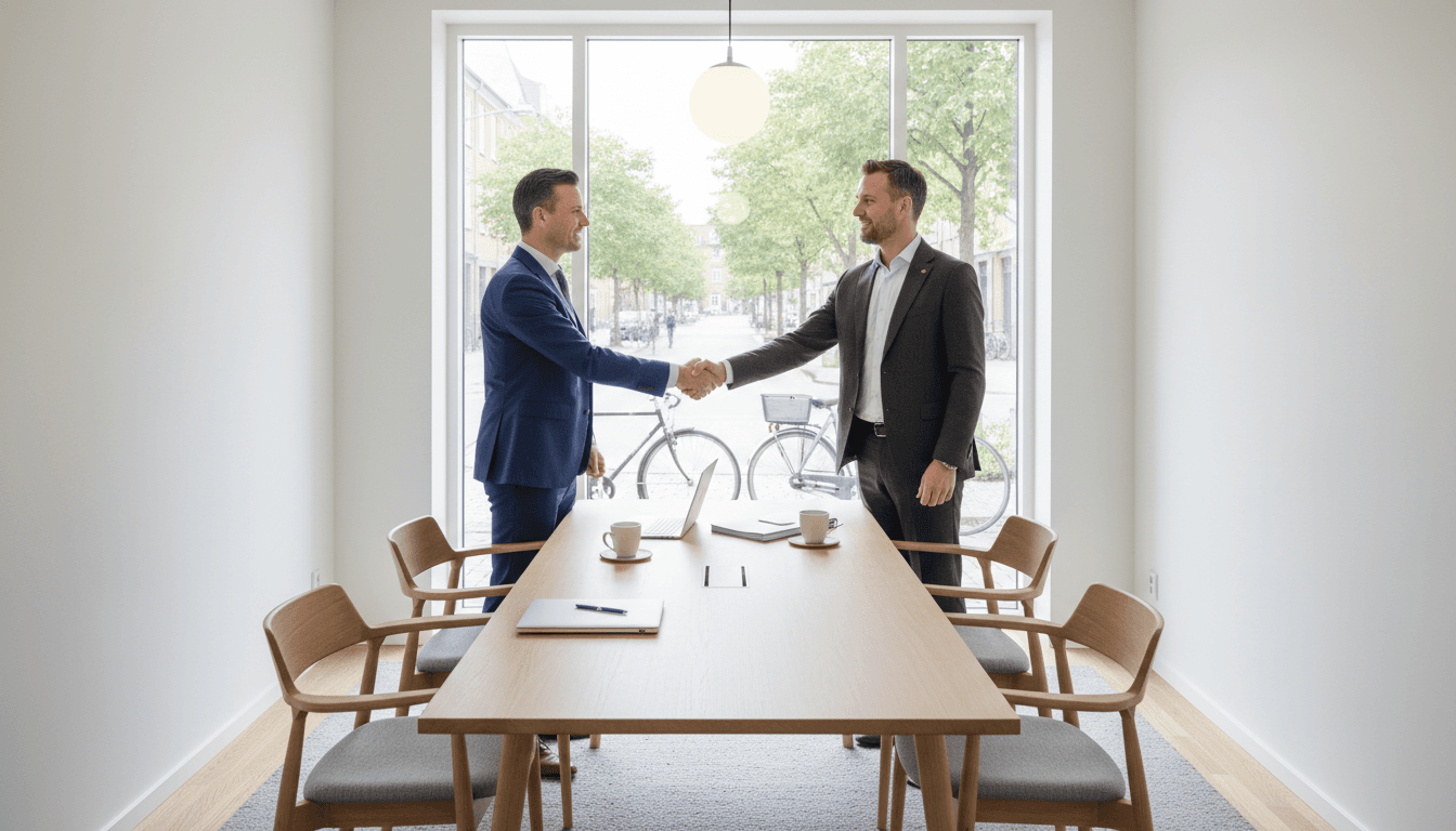 Business owner and advisor reviewing insurance documents together at a bright meeting table