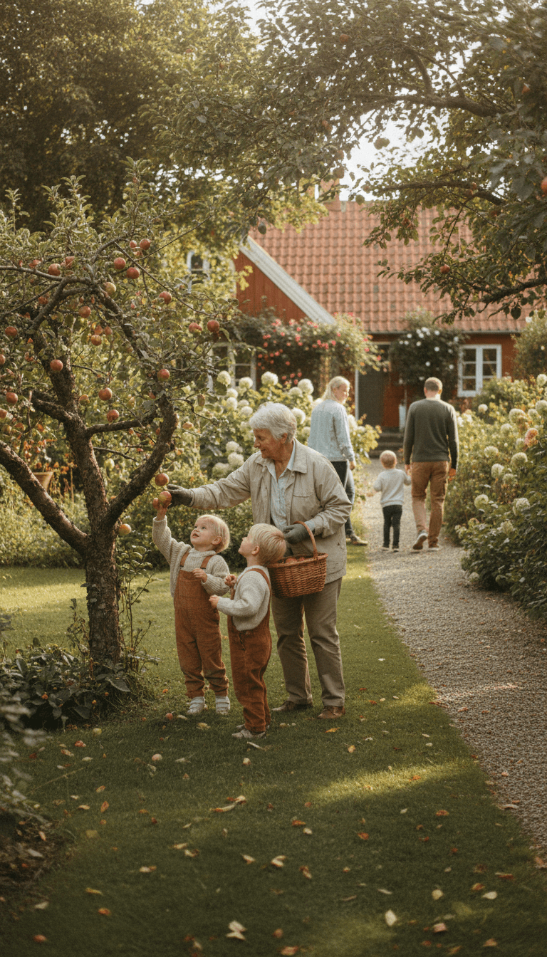 Family picking apples together in a sunny garden
