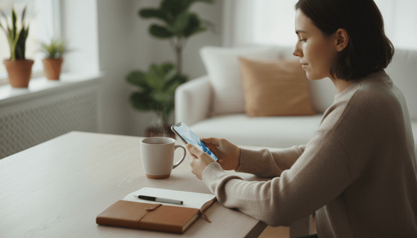 Person reviewing documents on a smartphone at a bright, calm desk
