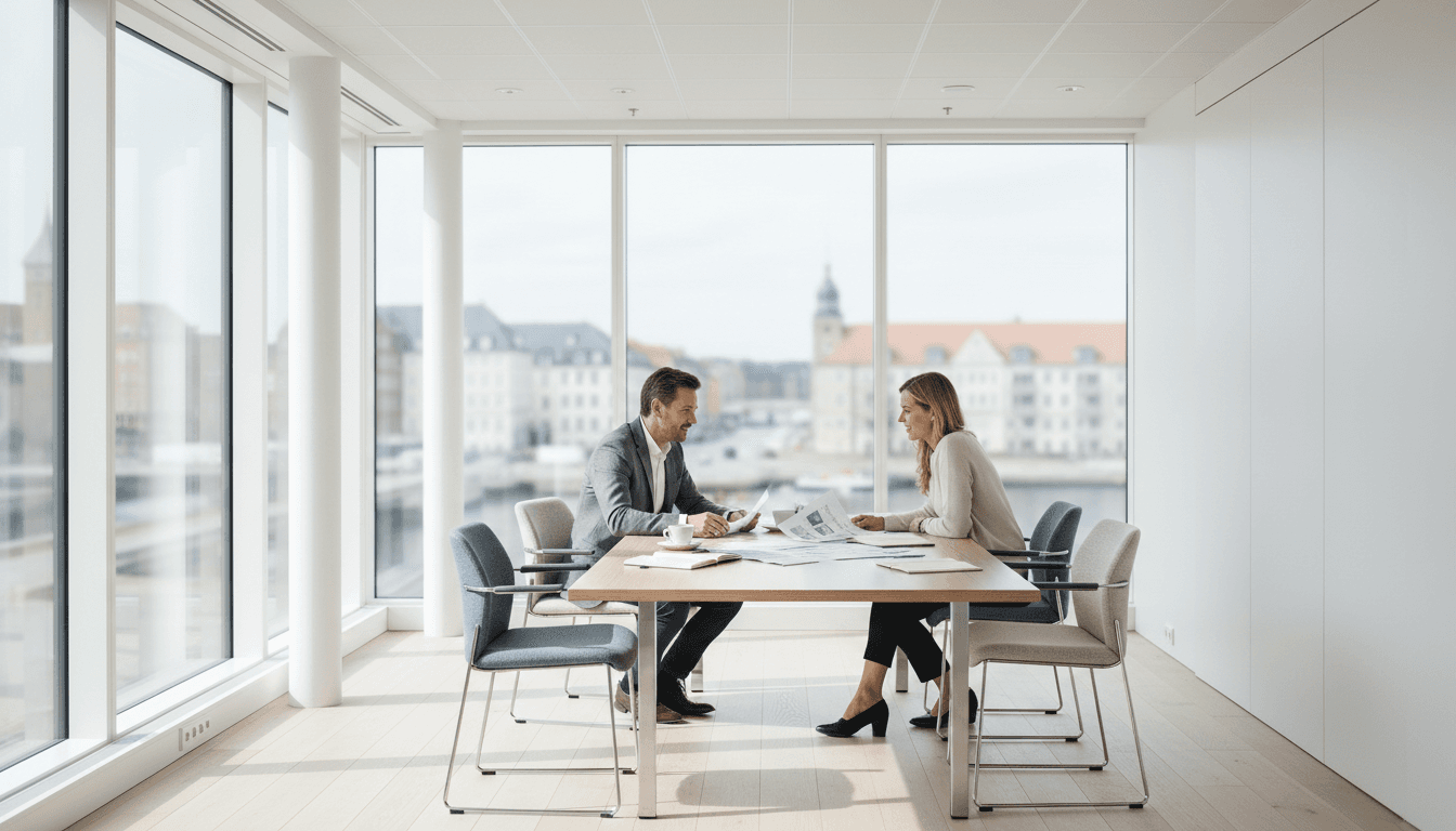 Business professionals reviewing insurance documents in a bright modern meeting room