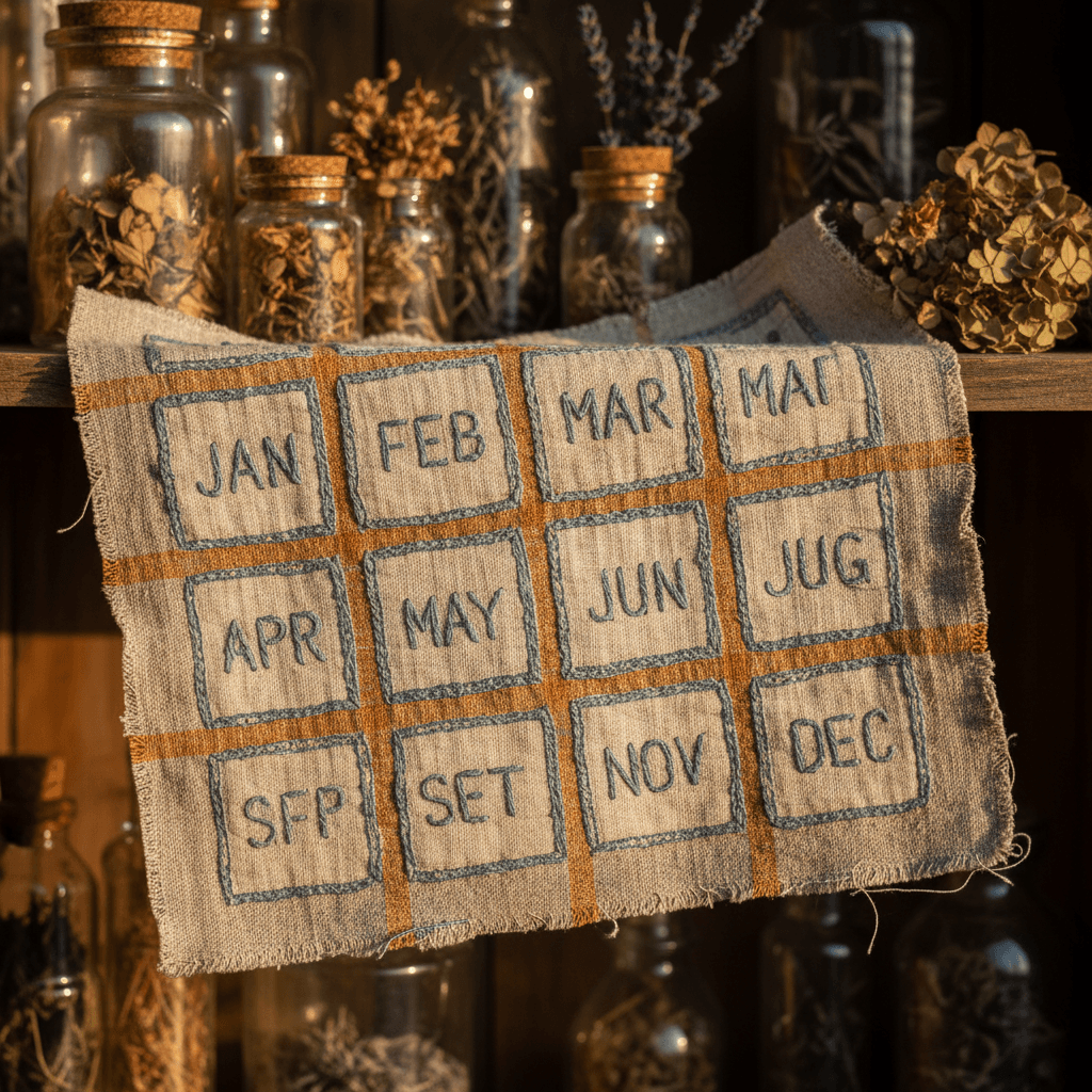 Handsewn fabric calendar marking the months
