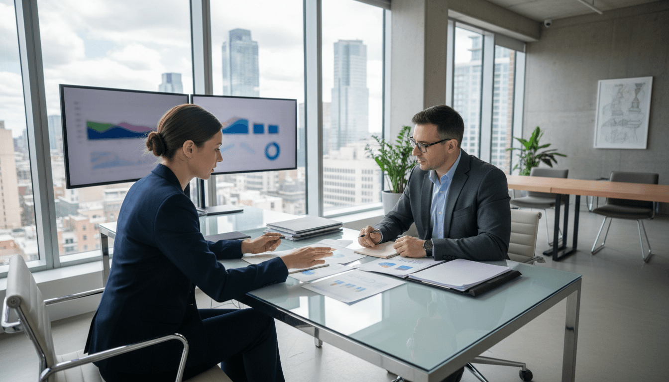 Professional insurance broker meeting with business owner to discuss coverage options