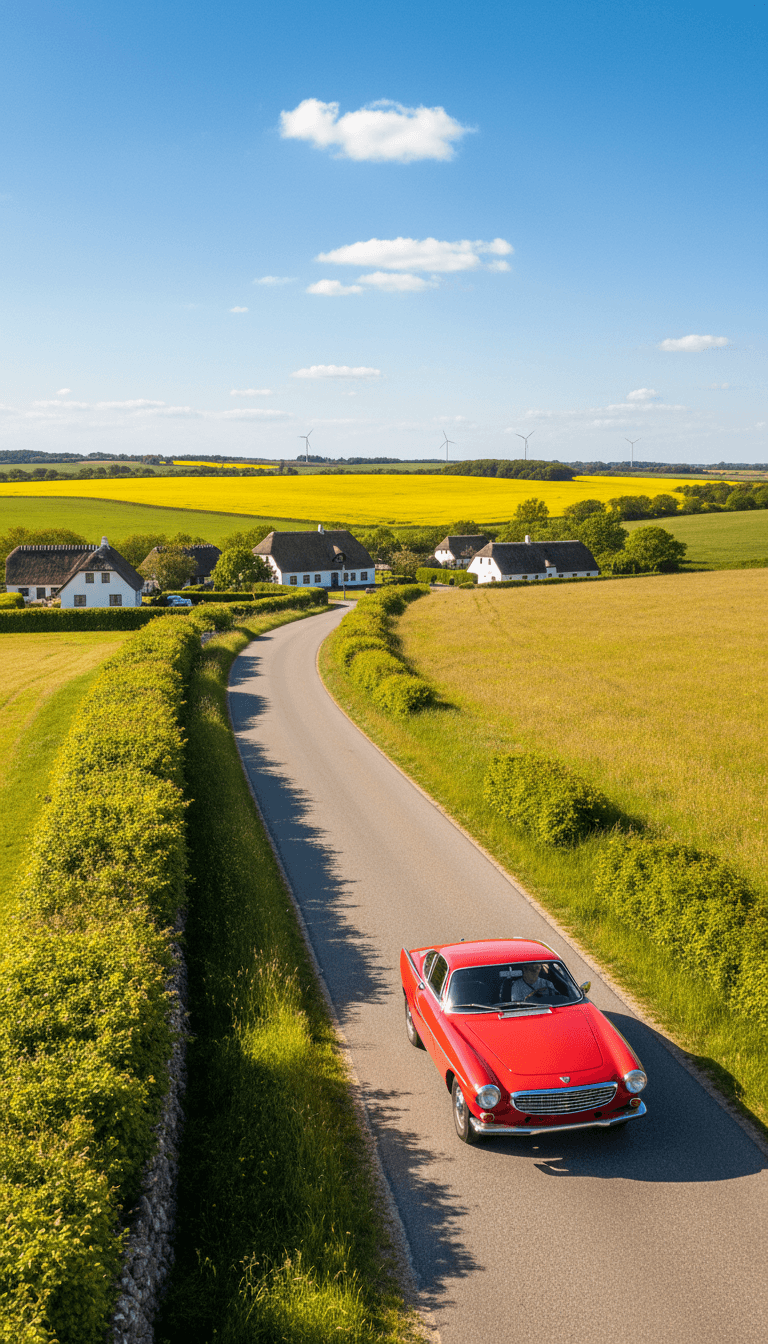 Modern car driving on a sunny road through green fields