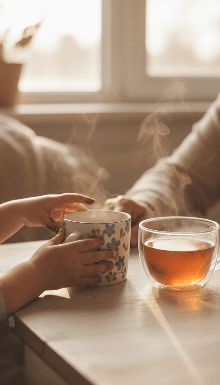 Child placing a ceramic mug beside a cup of tea