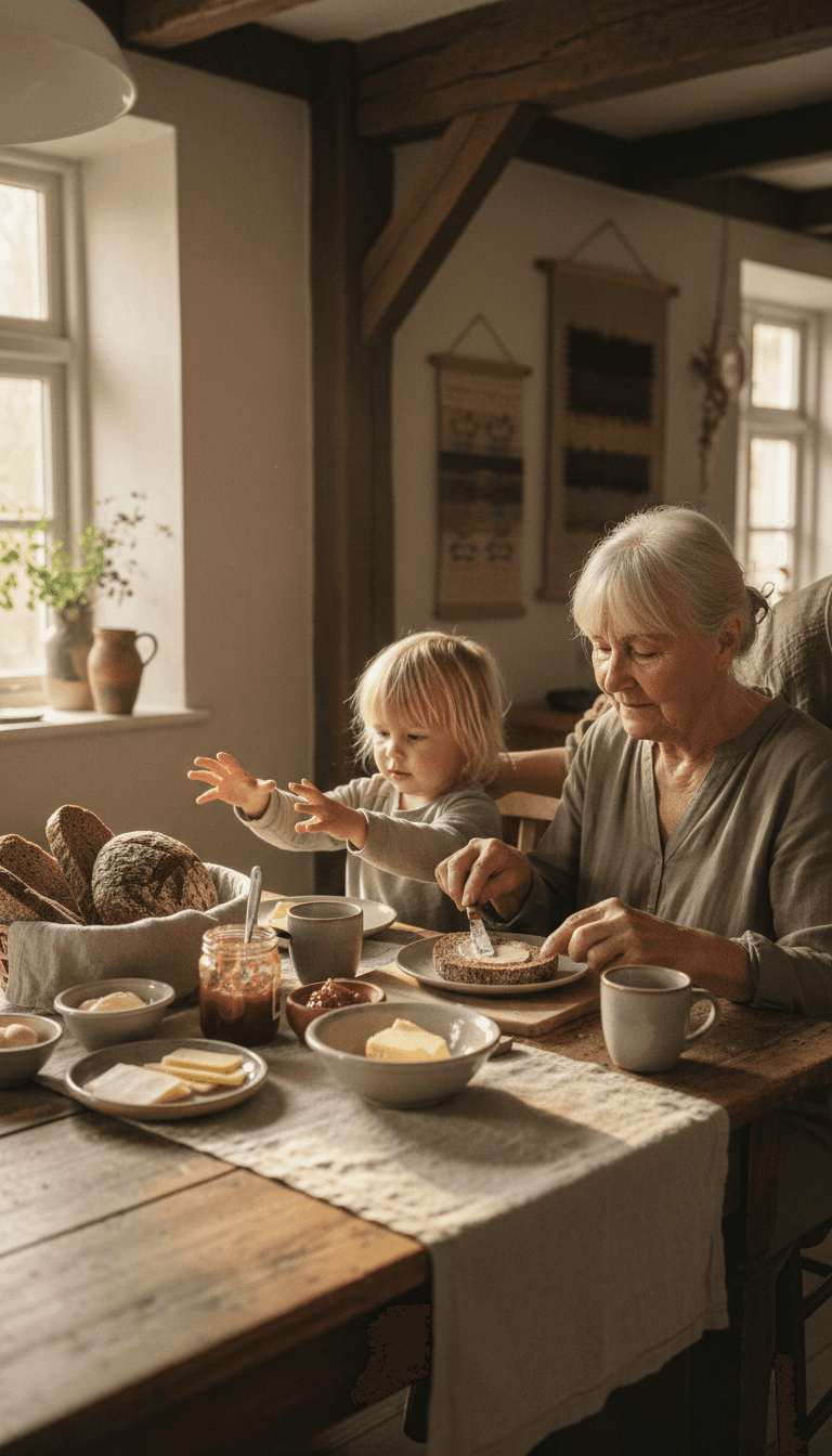 Family gathered around a wooden kitchen table sharing a meal