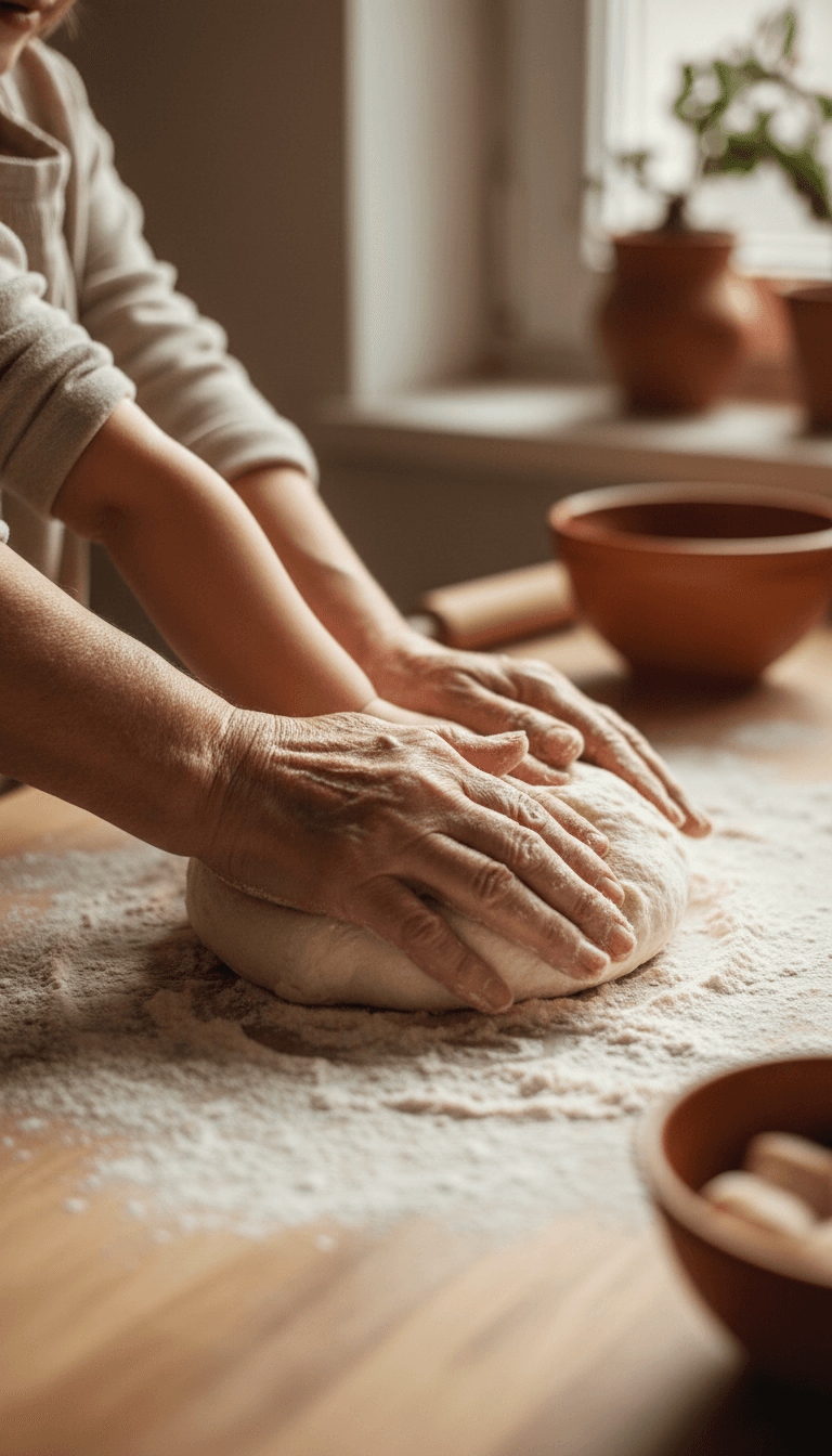 Grandmother's hands guiding a child's hands while kneading dough