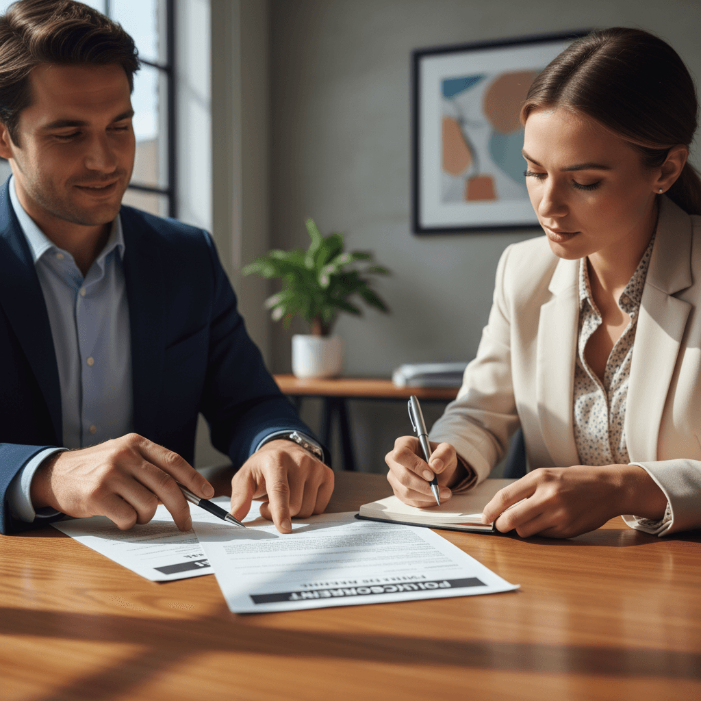 Business professionals reviewing insurance documents together