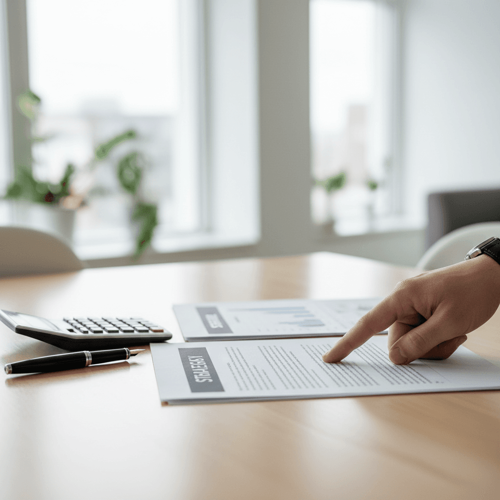 Close-up of a consultant's hand pointing at a document on a table, with a calculator and pen nearby, captured in a professional yet candid documentary style, medium shot, shallow depth of field, bright and airy office environment