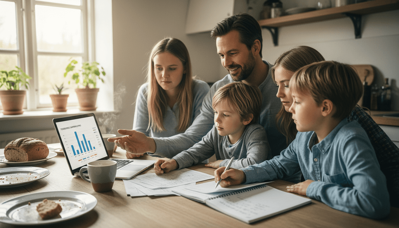 Family reviewing insurance comparison documents at a kitchen table