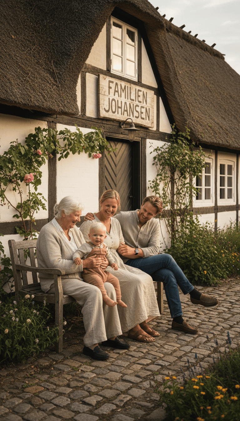 Four generations of a family sitting together on a bench outside a home