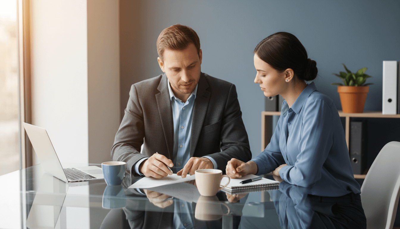 Insurance broker and business owner reviewing policy documents together at a modern office table