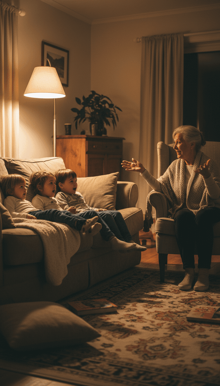 Children listening intently to a grandmother telling a story