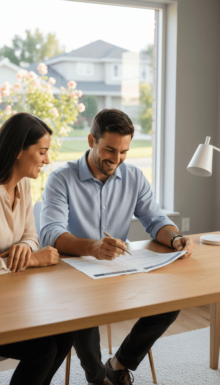 A warm, candid lifestyle aesthetic medium shot of a friendly insurance broker sitting at a bright, modern office desk, holding a pen and looking at a policy document with a client's home visible through the window behind. The focus is on a relaxed, trusting consultation atmosphere with natural window light streaming in. The broker wears a smart casual shirt with sleeves rolled up. Neutral tones of soft grey, white, and warm wood dominate the image. No text or signage visible.