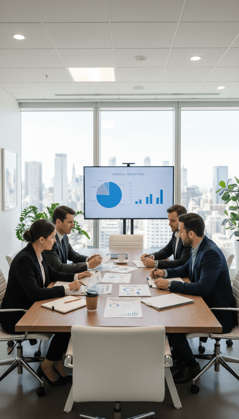 Business professionals reviewing insurance documents together in modern office