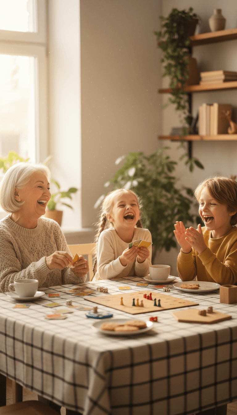 Family laughing together over a board game