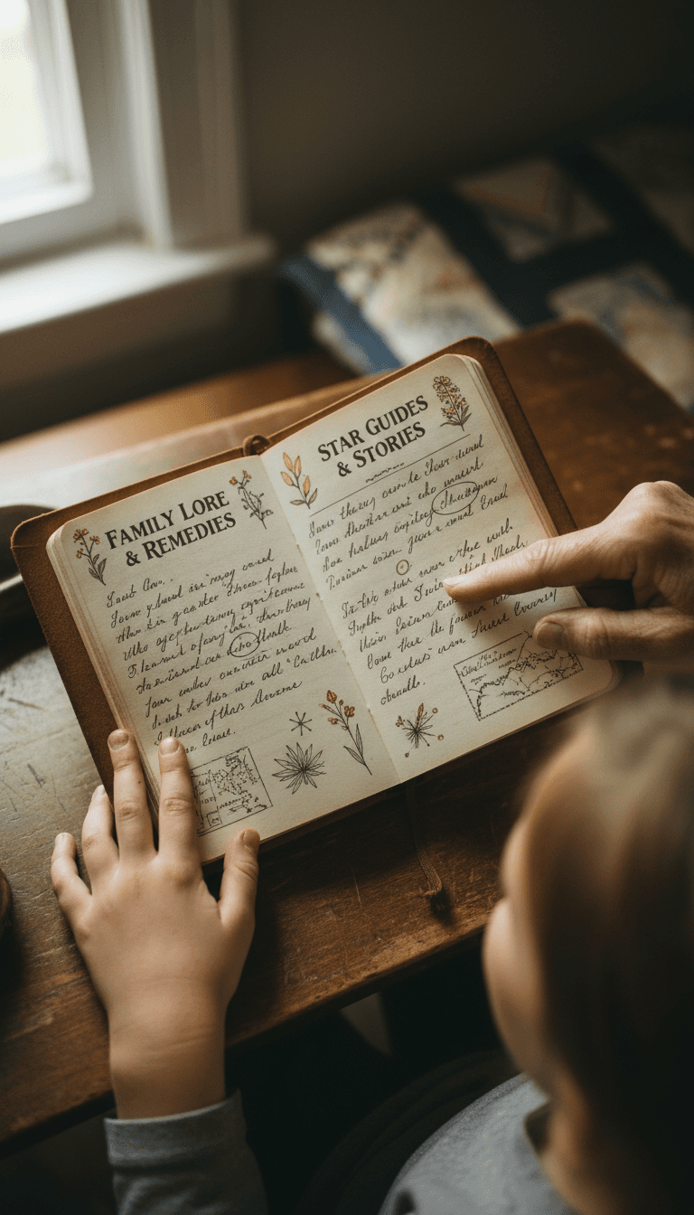 Child holding a notebook while an older family member points at it