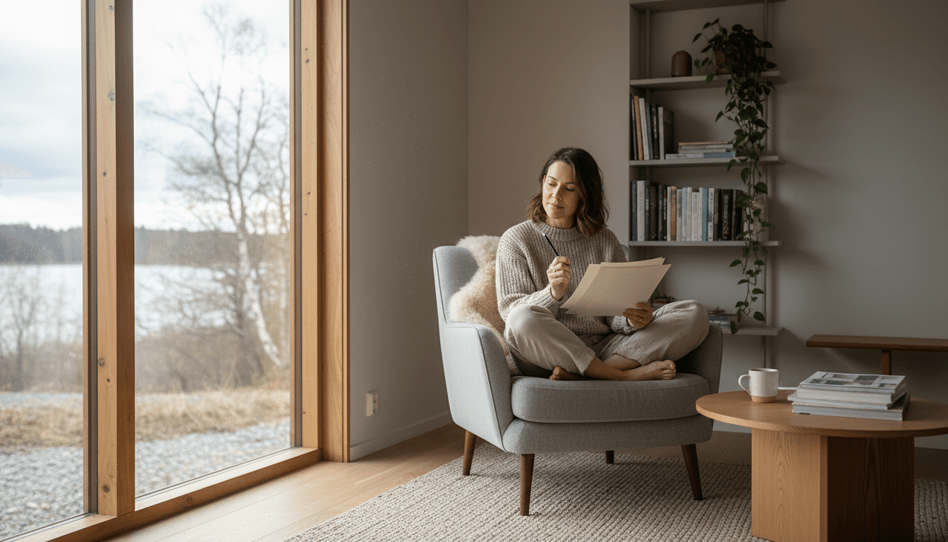Person calmly reviewing documents in a bright, cozy living room