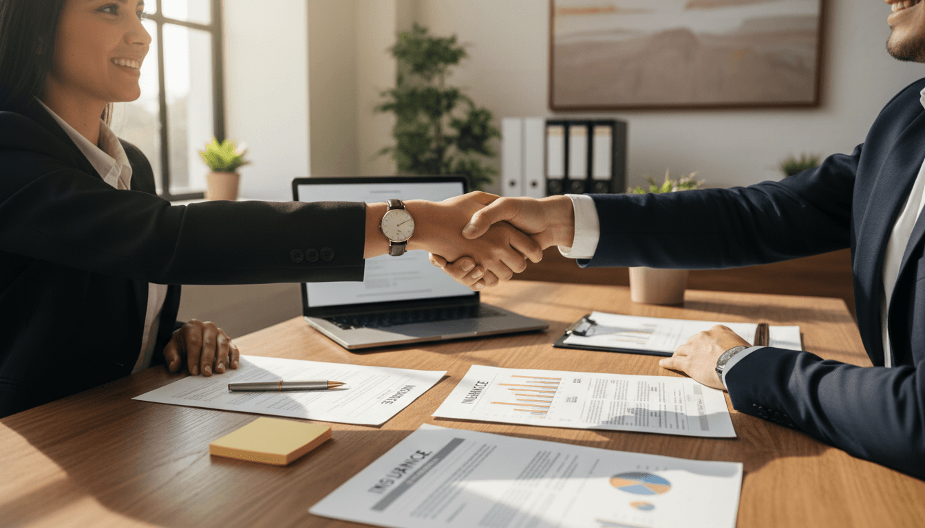 Business owner and insurance broker shaking hands after discussing coverage options at desk
