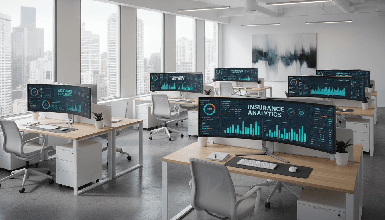A fresh, energetic aesthetic wide shot of a modern office workspace with multiple computer monitors displaying charts and analytics