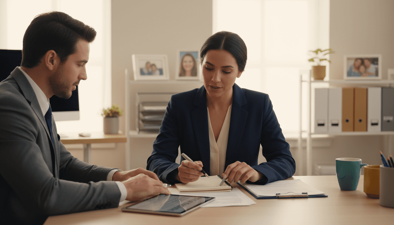 Independent insurance broker reviewing commercial policy documents at desk