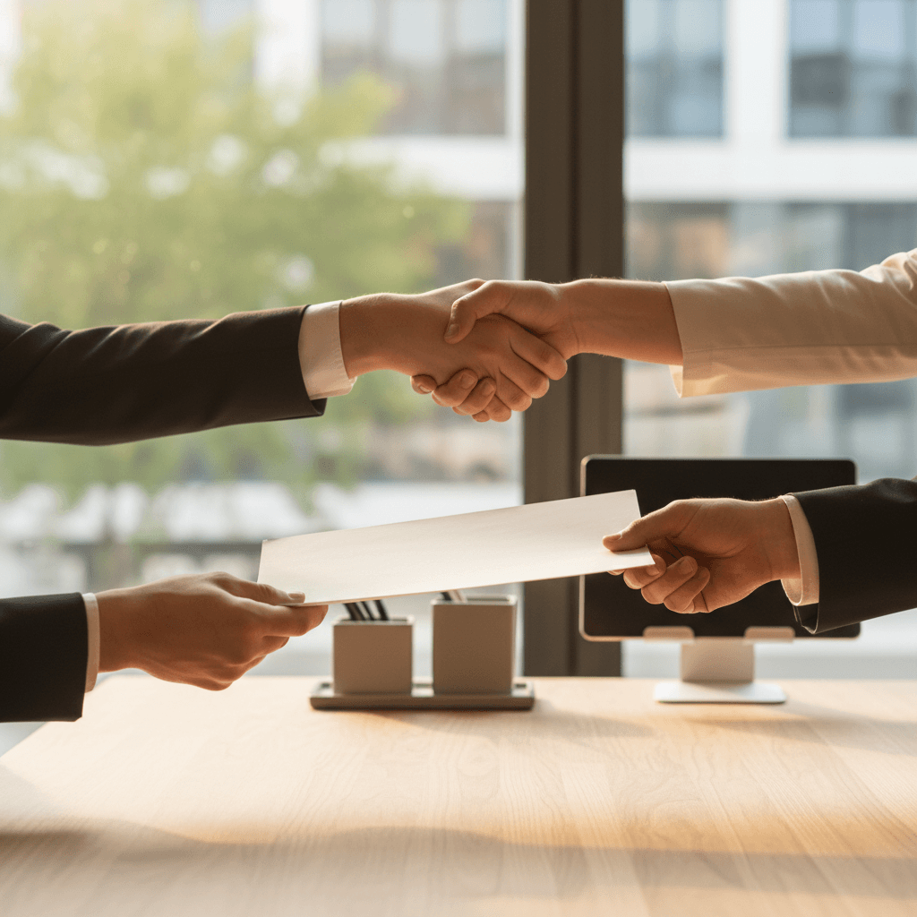 Broker and business client shaking hands over signed insurance agreement