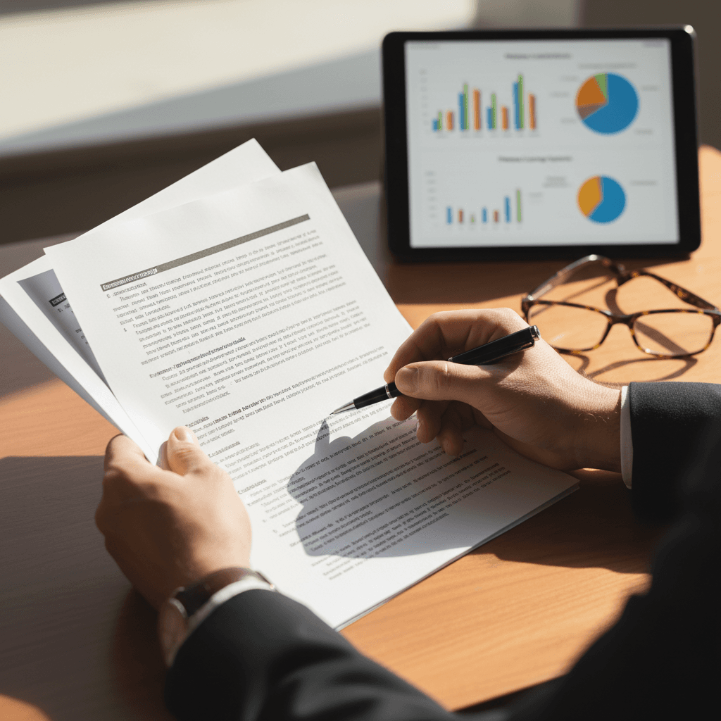 Business owner reviewing insurance policy documents at desk with tablet showing comparison data