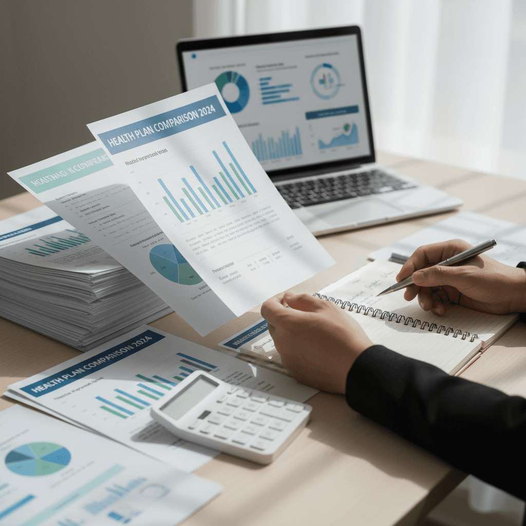 Professional insurance broker reviewing policy documents at a desk with laptop and comparison data