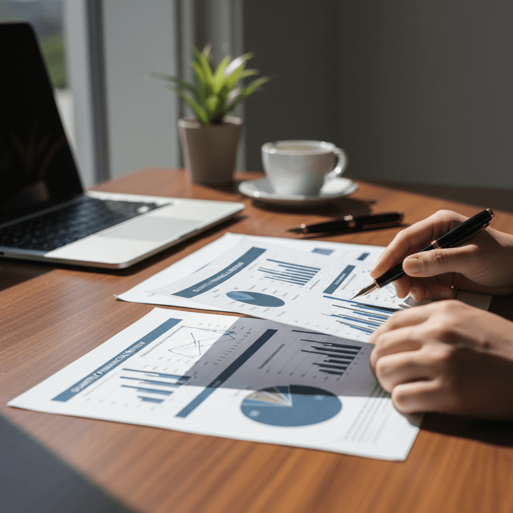 Business owner reviewing insurance policy documents with confident expression at professional workspace