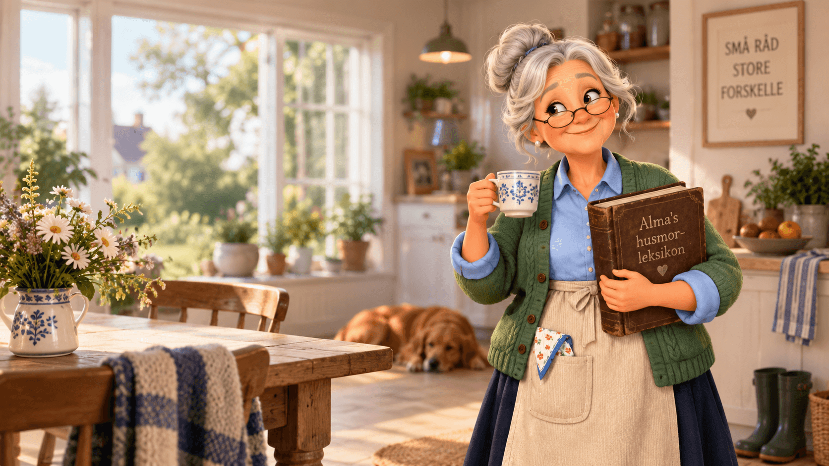 Smiling elderly woman holding a teacup and vintage book in a bright, sunlit kitchen.