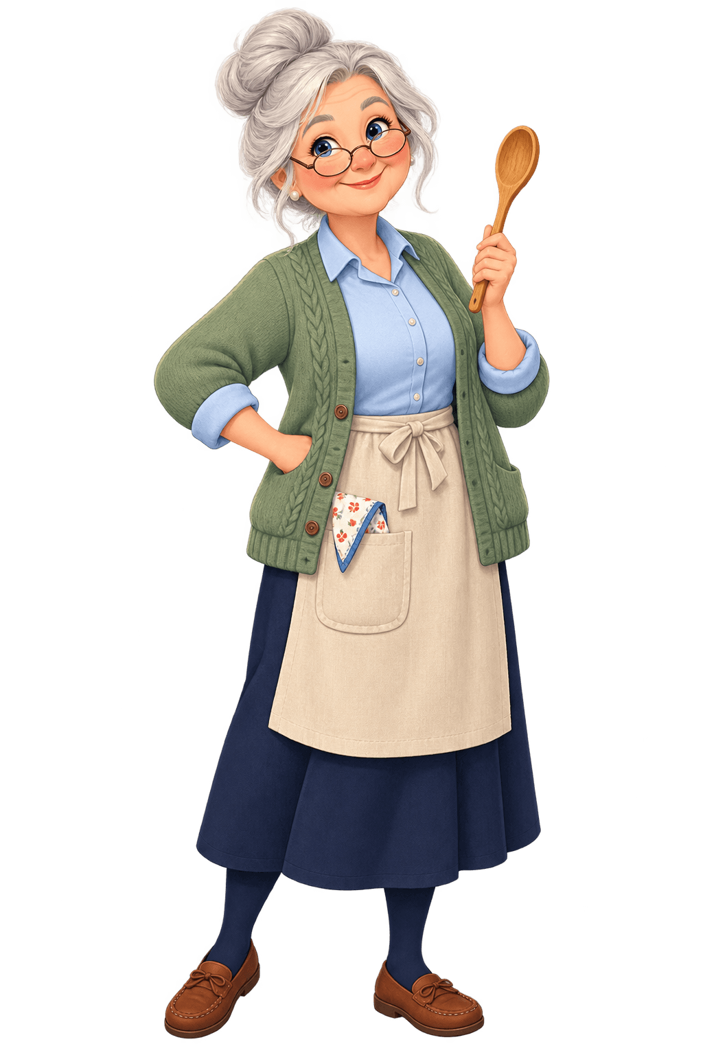 Cheerful grandmother with white hair, wearing a green cardigan and apron, holding a wooden spoon.