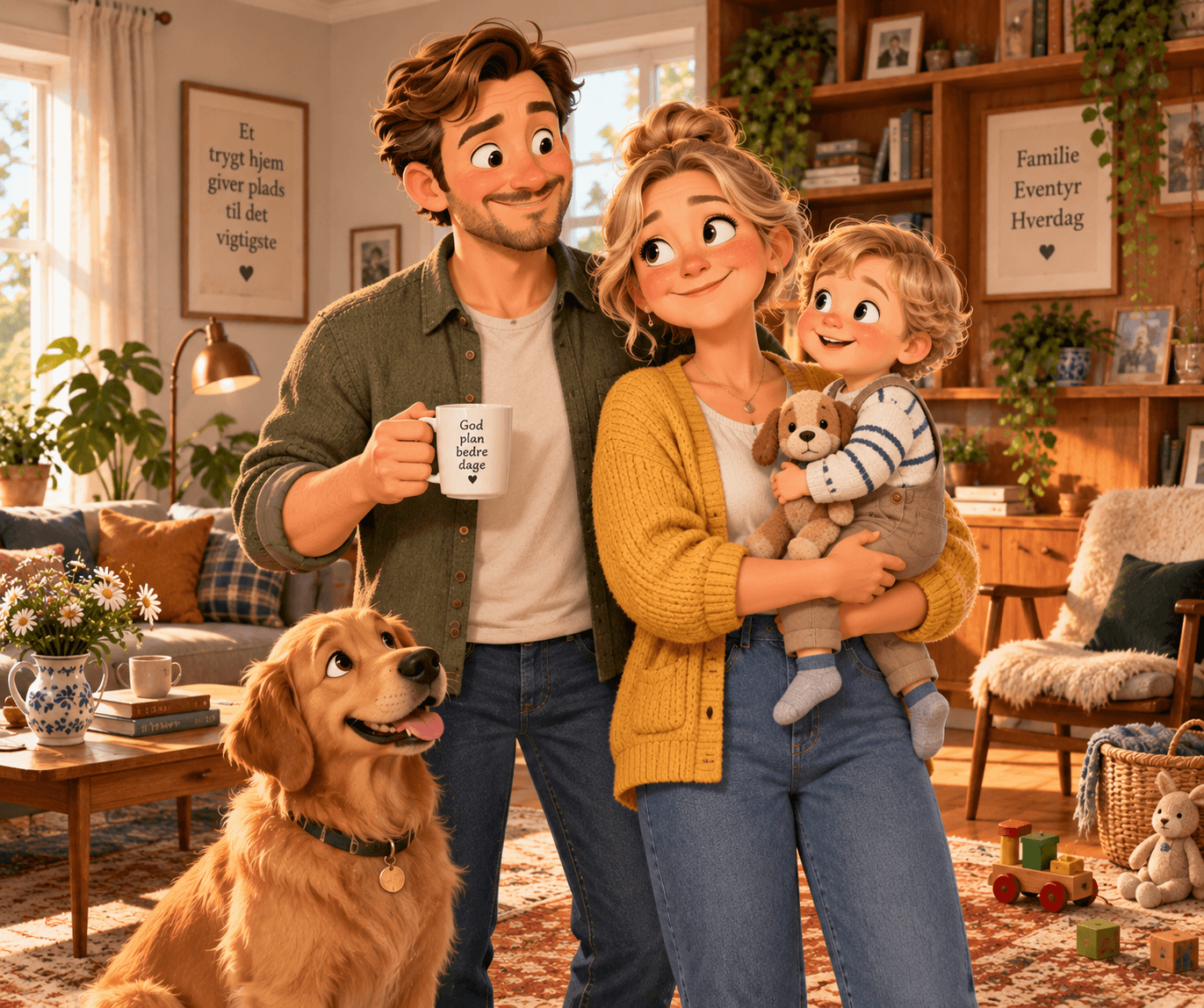 Animated family and their golden retriever smiling together in a cozy, sunlit living room.