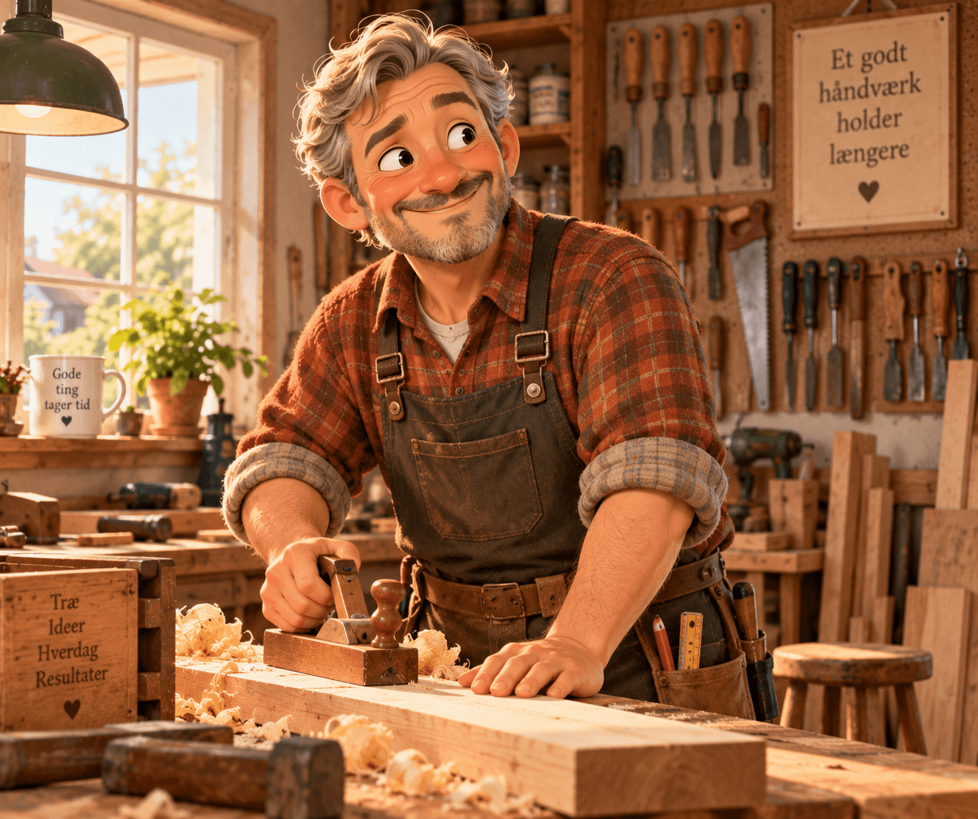 Smiling animated carpenter with grey hair using a hand plane in a sunlit woodworking shop.
