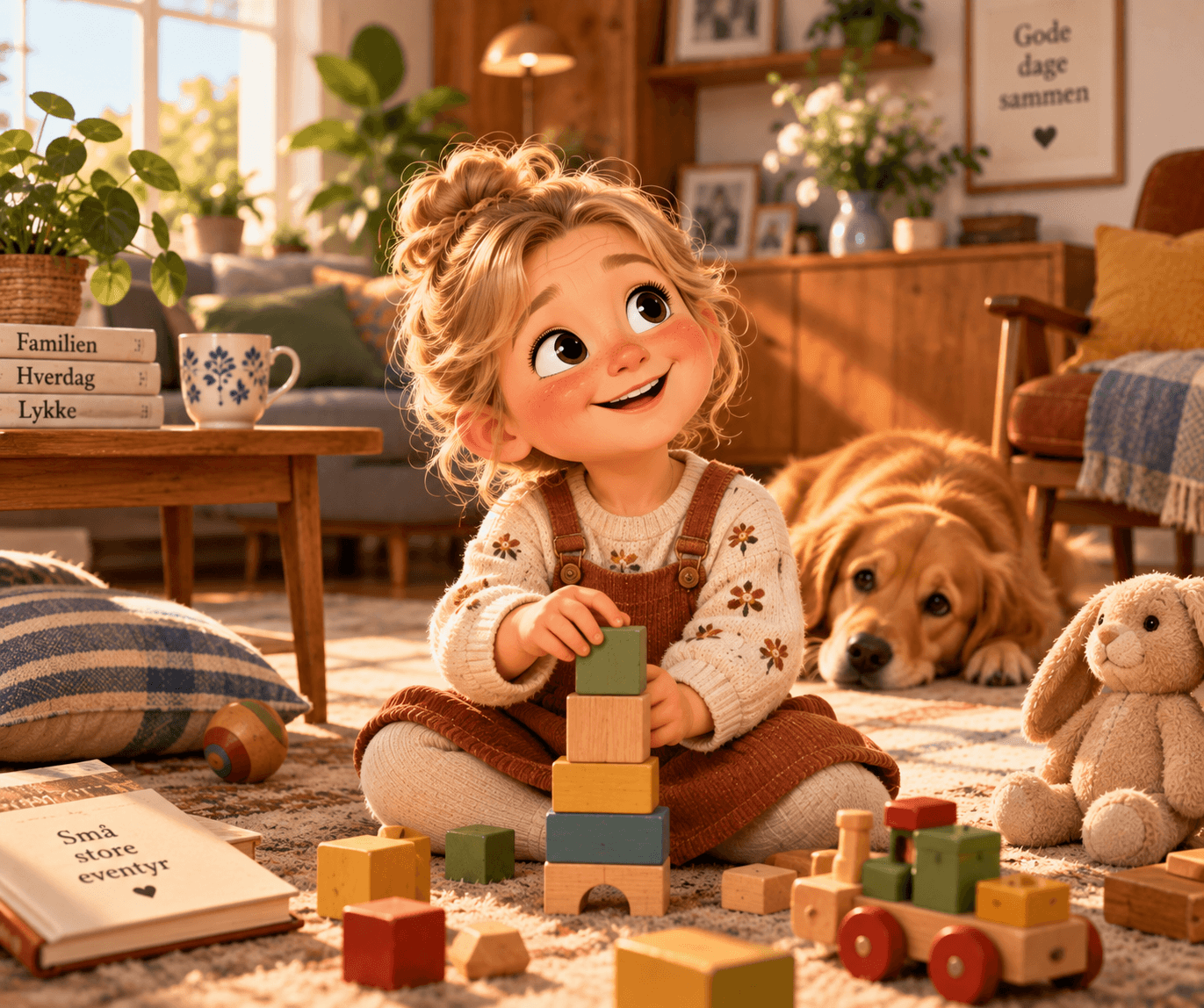 Smiling girl with big eyes builds a block tower in a cozy, sunlit living room.