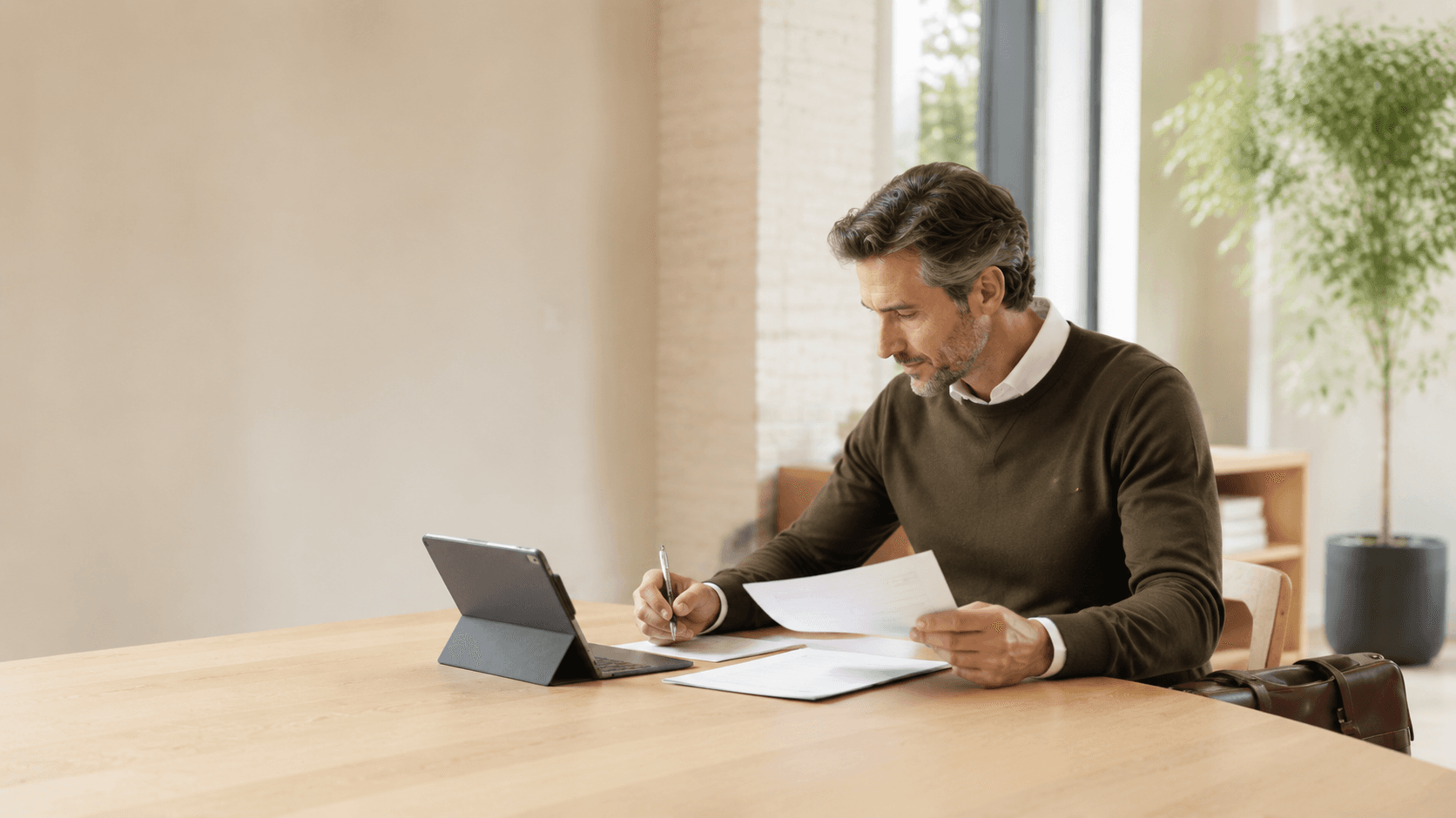 Focused man in a green sweater reviewing documents at a wooden table with a tablet.
