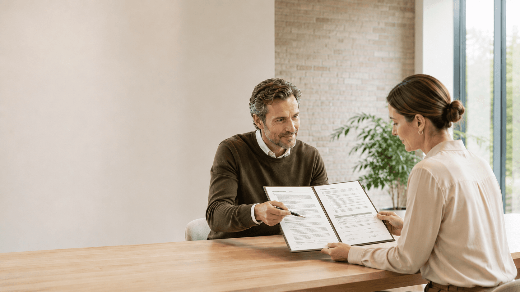 Man in olive sweater points to a document for a woman at a wooden table.