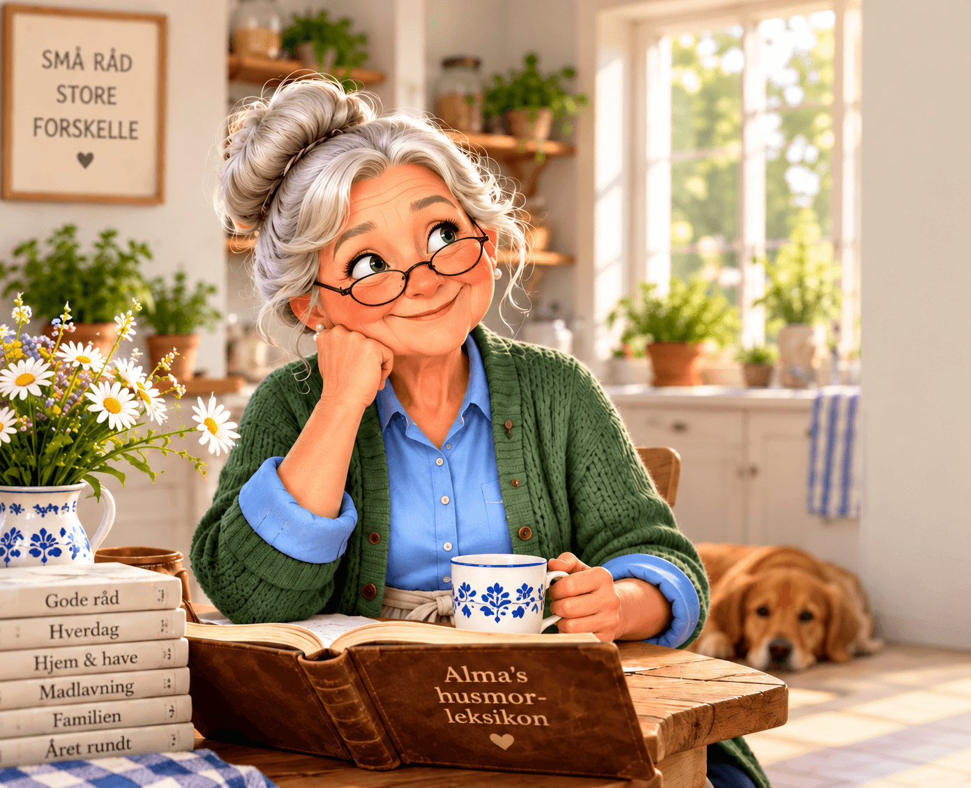 Animated elderly woman smiling thoughtfully at a kitchen table with books, tea, and a dog.