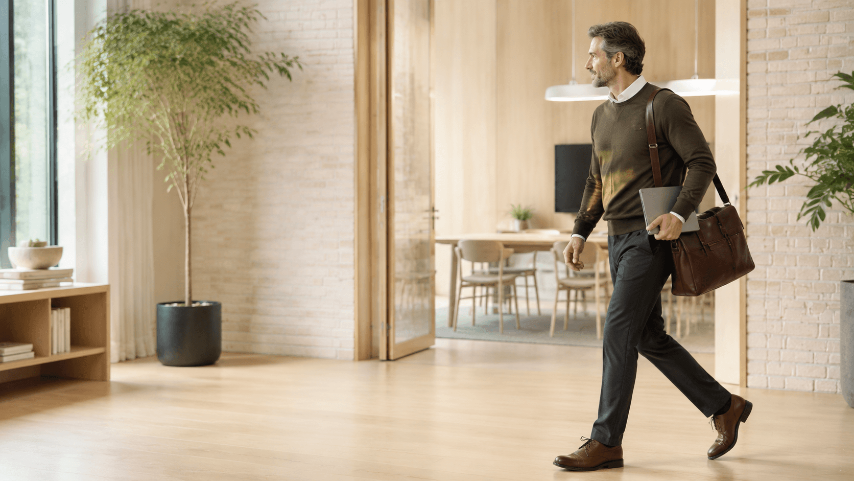 Professional man walks through a bright, modern office carrying a laptop and leather messenger bag.